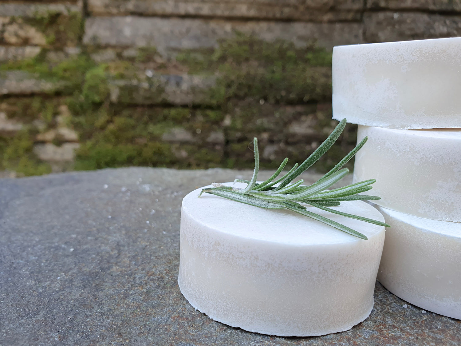 Small white shaving soaps made by Evee Ivy Oh! Stacked artfully with a rosemary sprig.