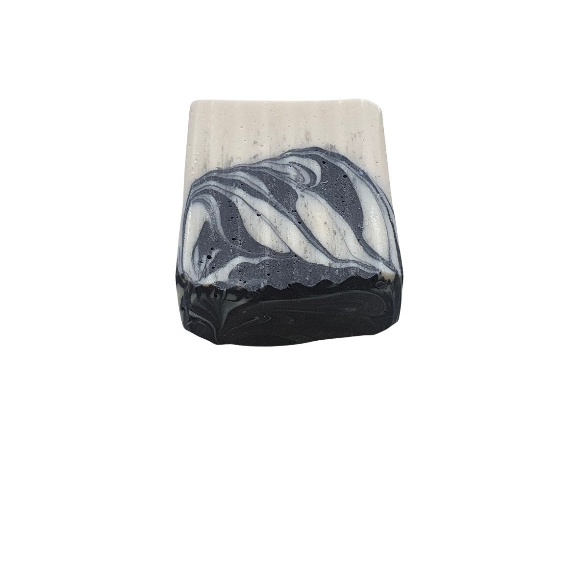 Image showing Evee Ivy Oh Activated Charcoal + Eucalyptus body bar top. Soap is white with a black swirl.