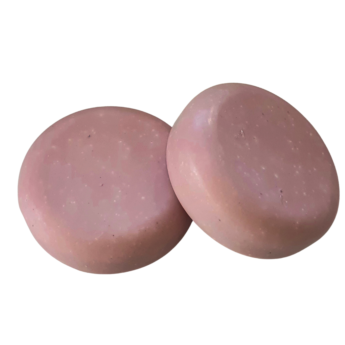 mage shows  two bars of Evee Ivy Oh's Almond Milk and Pink Clay soap stacked artfully on top of one another.  Our milk bars are round, flat and pebble-like. This image shows the delicate pink colouring from the Australian pink clay as well as the rounded sides.