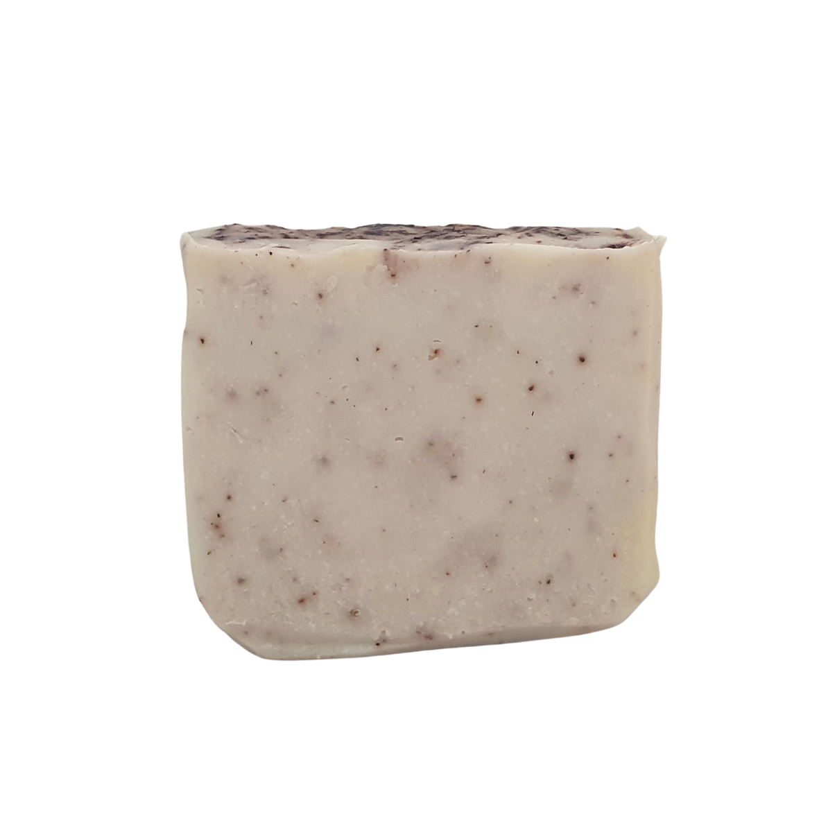 Evee Ivy Oh Double Butter Body bar (single)/ Slightly different image from the previous soap. This soap is a a creamy off-white colour with brownish purple flecks of alkanet powder throughout the body and tops.