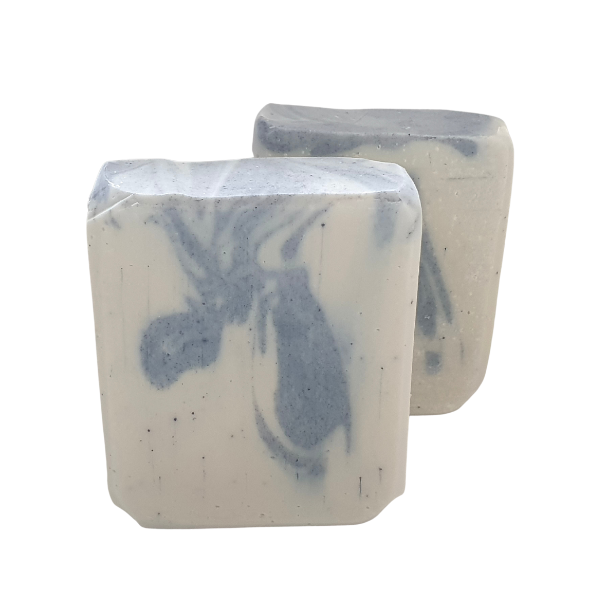 Evee Ivy Oh Milk and Shea body bars are white with a denim blue swirls in the middle and on top. All of our soaps are coloured using natural products, you can see flecks of the indigo blue in the main body.