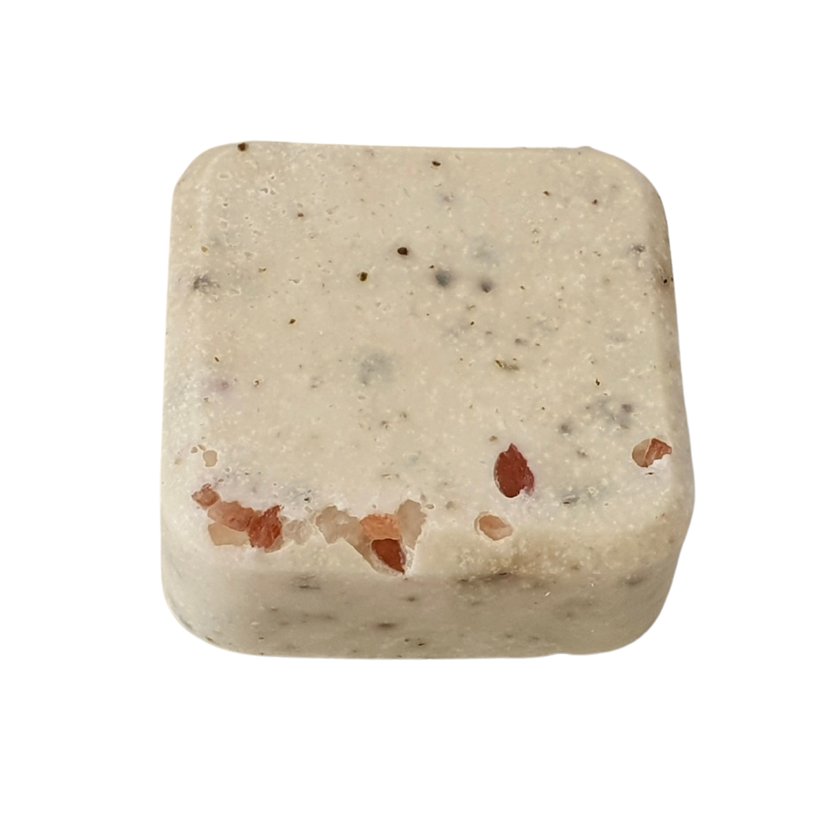 Evee Ivy Oh salt face bars are small square soaps. Creamy white in colour with green flecks of kelp and scattered pink himalayan salt rocks.