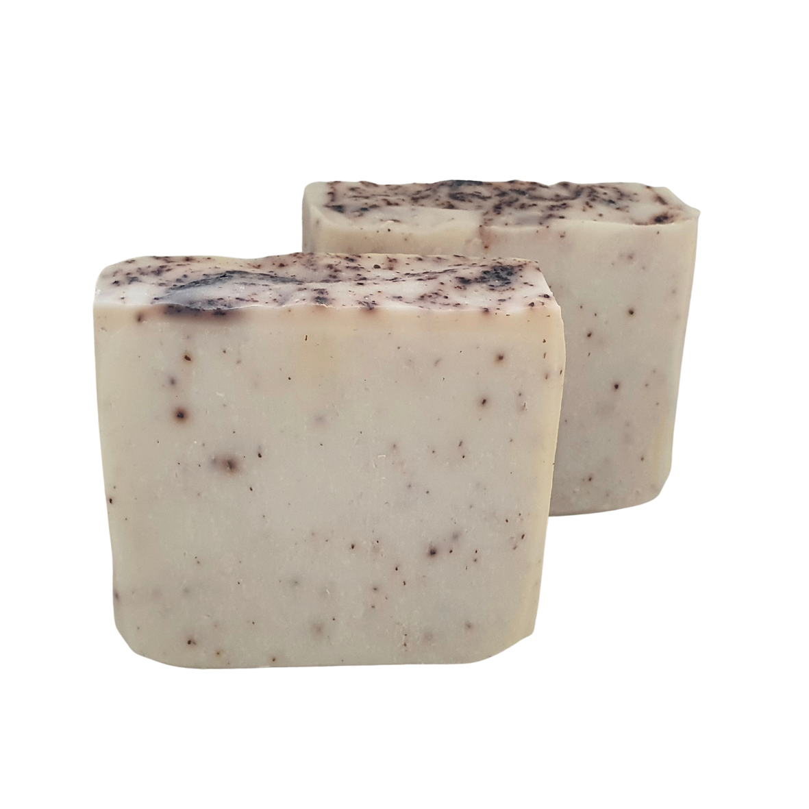 An image showing Evee Ivy Oh Double Butter Body bars (times two).  This soap is a a creamy off-white colour with brownish purple flecks of alkanet powder throughout the body and tops.